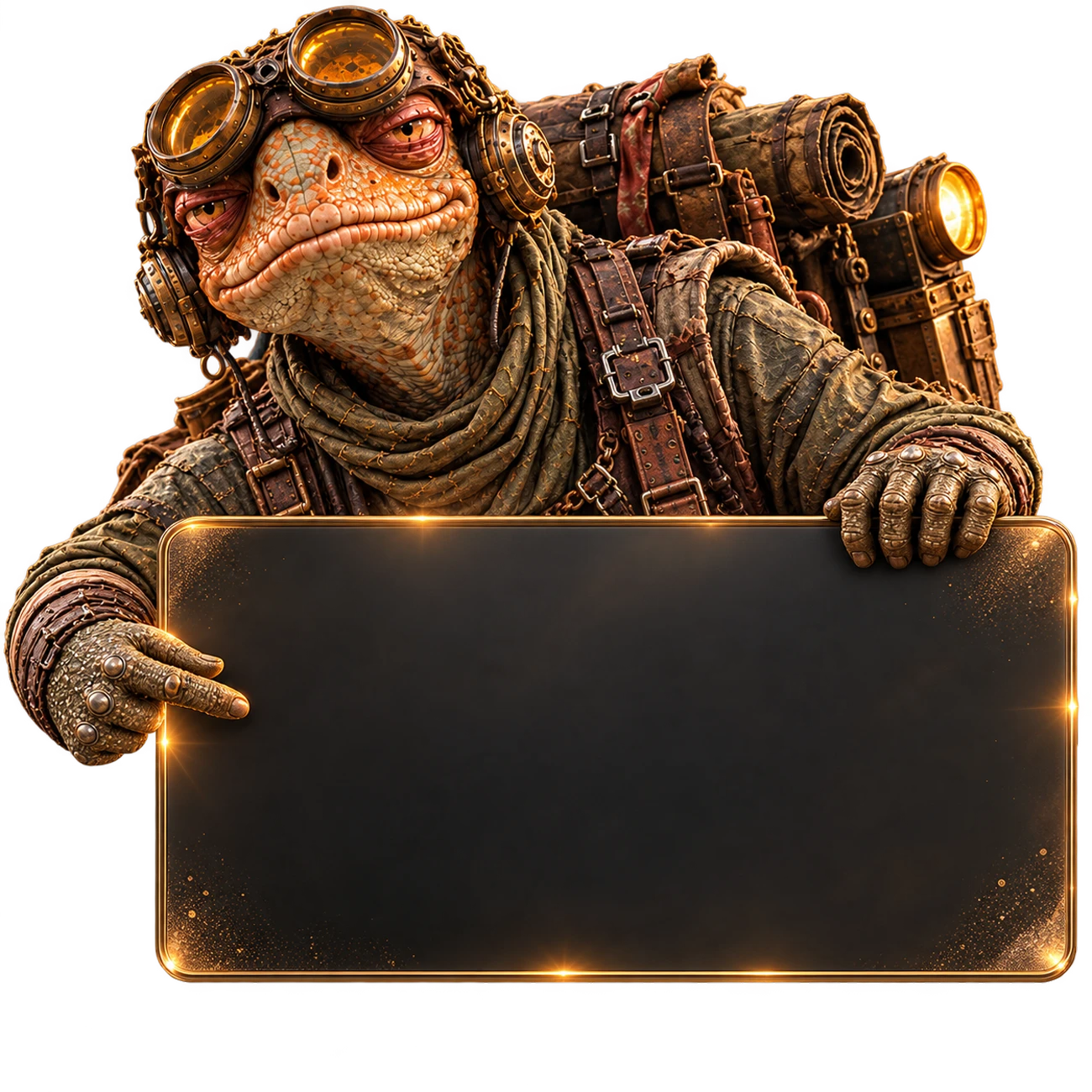 A lizard explorer holding a gold-edged contact panel